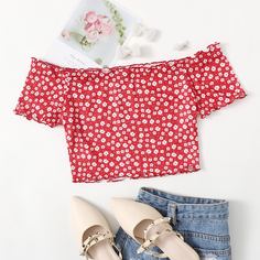 Волнистый край цветочный Бохо Женские топы Shein