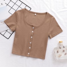 Мокко Коричневый Однобортный Одноцветный Повседневный Футболки Shein