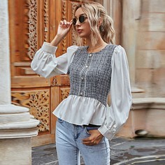 Контрастная блузка с пуговицами и пышным рукавом Shein