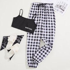Пижама в клетку с текстовым принтом Shein