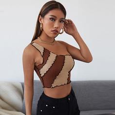 Вязаный контрастный топ в рубчик с асимметричным воротником Shein