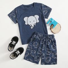 Футболка с мультипликационным принтом и шорты для мальчиков Shein