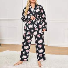 Пижама размера плюс с цветочным принтом и поясом Shein