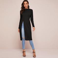 Однотонная длинная футболка с разрезом Shein