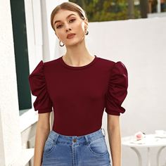 Однотонная футболка с пышными рукавами Shein