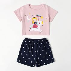 Шорты в горошек и футболка с мультяшным принтом для девочек Shein