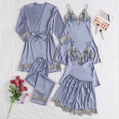 5шт атласная пижама с кружевом и поясом Shein
