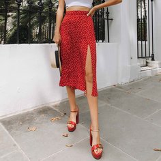 Юбка с разрезом и принтом сердечка Shein