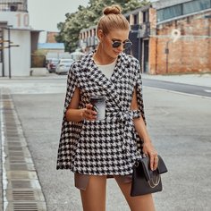 Твидовое пальто с рисунком "хаундстут" и поясом Shein