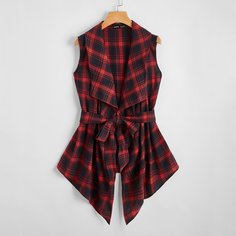 Пальто в клетку с оригинальным воротником и поясом Shein