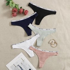 Трусики в рубчик с текстовой лентой 5шт Shein