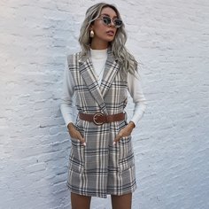 Карман Клетчатые изображения Элегантный Пиджаки Shein