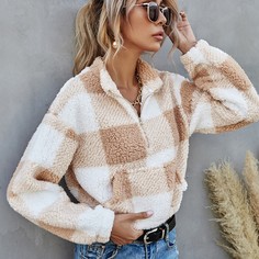 Плюшевый пуловер в клетку с карманом Shein
