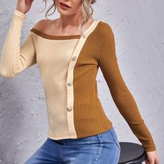 трикотажный Контрастный цвет Элегантный Футболки Shein