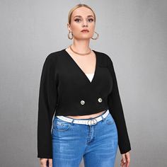 Двойная пуговица Одноцветный Повседневный Куртки размер плюс Shein