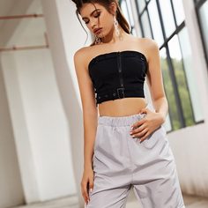 Однотонный кроп топ на молнии Shein