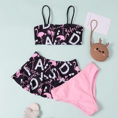 с оборками Животный милый Купальники для девочек Shein