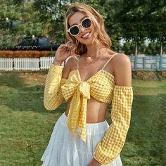 С батом перед Клетка Повседневный Женские топы Shein