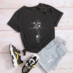 С карикатурой Повседневный Футболки Shein
