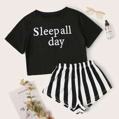 Футболка с текстовым принтом и шорты размера плюс в полоску Shein