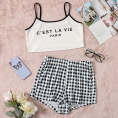 Контрастная отделка Клетка милый Пижама Shein