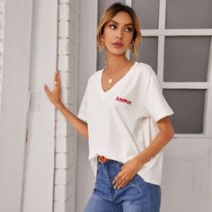 Футболка с текстовой вышивкой Shein