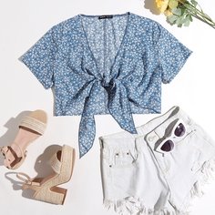С батом перед цветочный Бохо Женские топы Shein