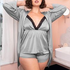 3 пакета атласная пижама на бретельках и халат размера плюс Shein