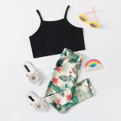 Однотонная майка и леггинсы с принтом растений для девочек Shein