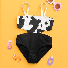 Слитный купальник с коровьим узором для девочек Shein