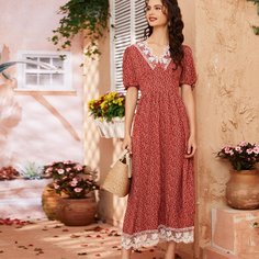 Контрастные кружева цветочный Бохо Платье Shein