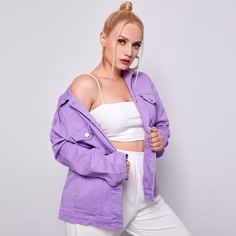 с карманами Одноцветный Повседневный Джинсовая куртка размера плюс Shein