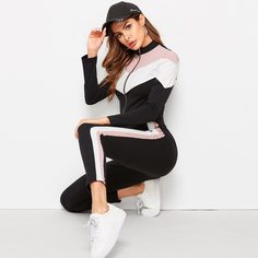 КомплектКонтрастная Куртка На Молнии С Полосками И Леггинсы Shein