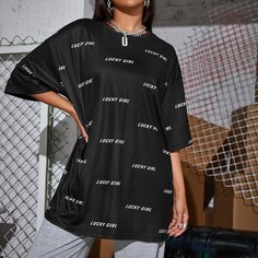 Длинная футболка с текстовым принтом Shein