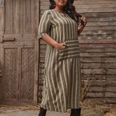 Карман Полосатый Повседневный Платья размер плюс Shein