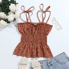 Топ на бретелях с рюшами и маленьким цветочным узором Shein