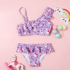 с оборками Мультяшный принт милый Купальники для девочек Shein