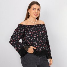 Блузка размера плюс с цветочным принтом и кружевной отделкой Shein