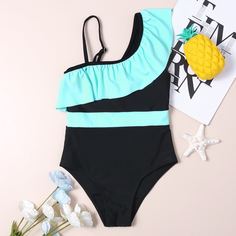 Двухцветный слитный купальник для девочек Shein