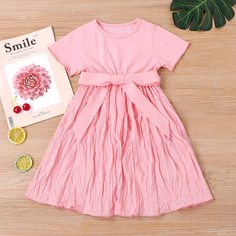 с поясом Одноцветный Повседневный Платья для девочек Shein