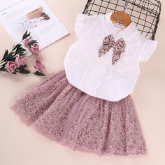 Блузка с бантом и цветочная сетчатая юбка для девочек Shein