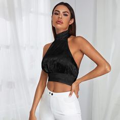 Жаккардовый атласный топ с открытой спиной, узлом и высоким вырезом Shein
