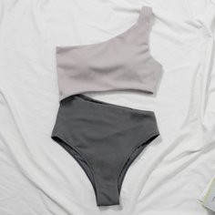 Двухцветный слитный купальник на одно плечо Shein