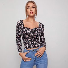 Футболка с узлом и цветочным принтом Shein