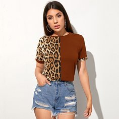 Контрастная футболка с леопардовым принтом Shein
