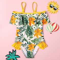 Слитный купальник с цветочным принтом для девочек Shein