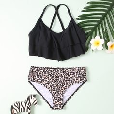 крест на крест Леопардовый Повседневный Купальники для девочек Shein