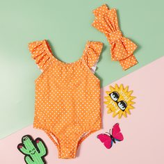 Слитный купальник и повязка на голову в горошек для девочек Shein