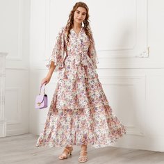 с поясом цветочный Элегантный Платье Shein