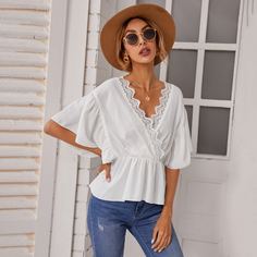 С оборками Одноцветный Бохо Блузы Shein